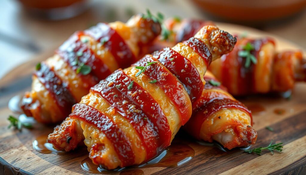 Chicken wrapped with bacon and brown sugar