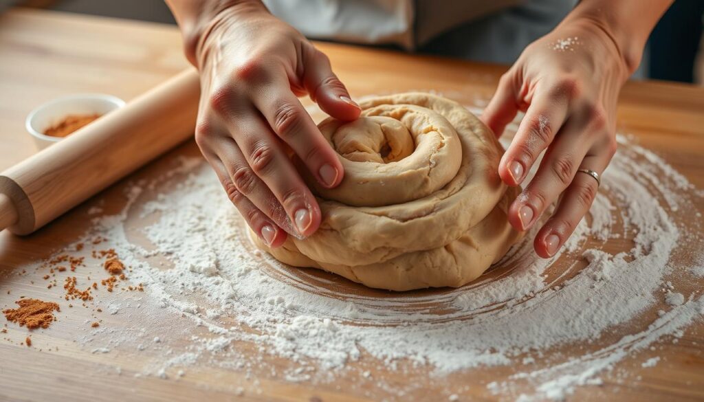 Kneading dough for homemade cinnamon rolls