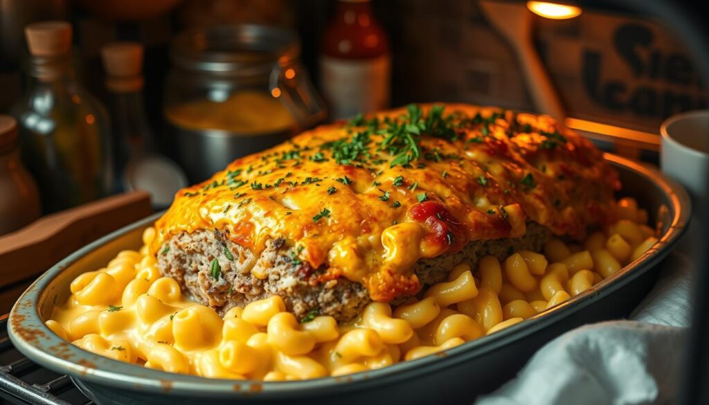 Mac and cheese meatloaf casserole baking