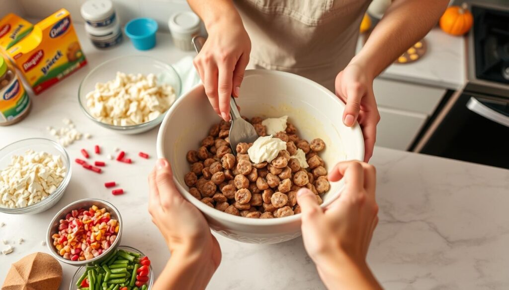 Mixing sausage cream cheese bisquick balls