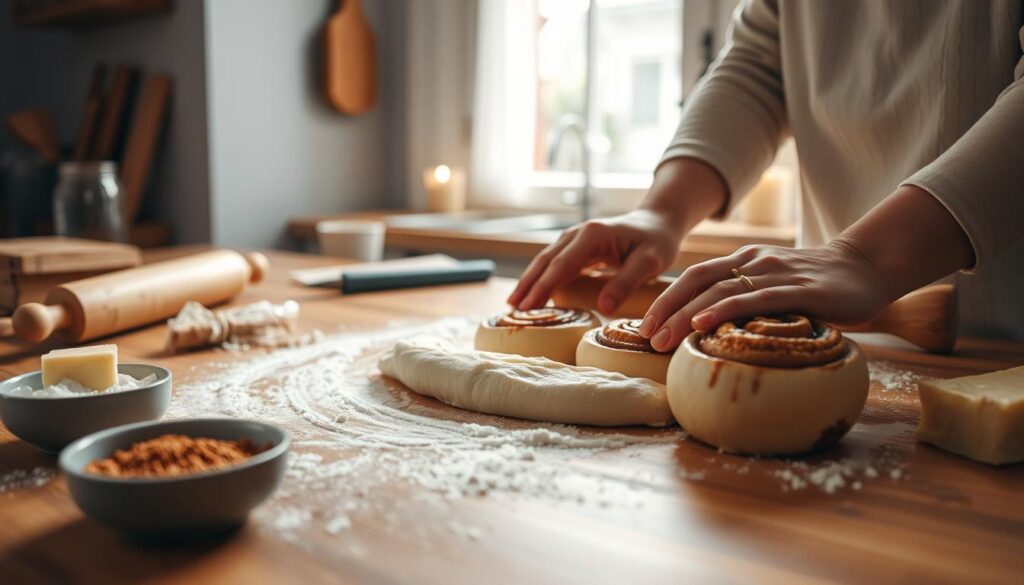 Rolling homemade cinnamon rolls