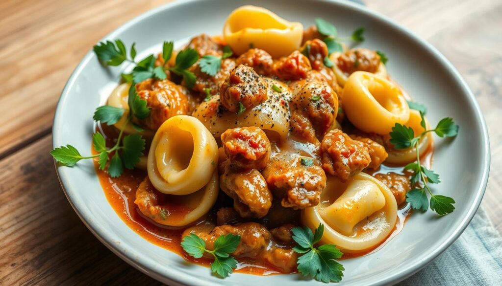 cheesesteak tortellini in rich provolone sauce