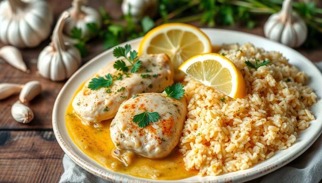 chicken scampi with garlic parmesan rice