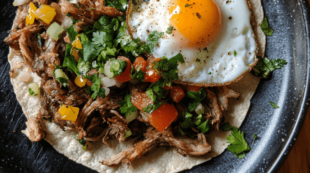 A plate of savory carnitas paired with sunny-side-up eggs and garnished with fresh cilantro.