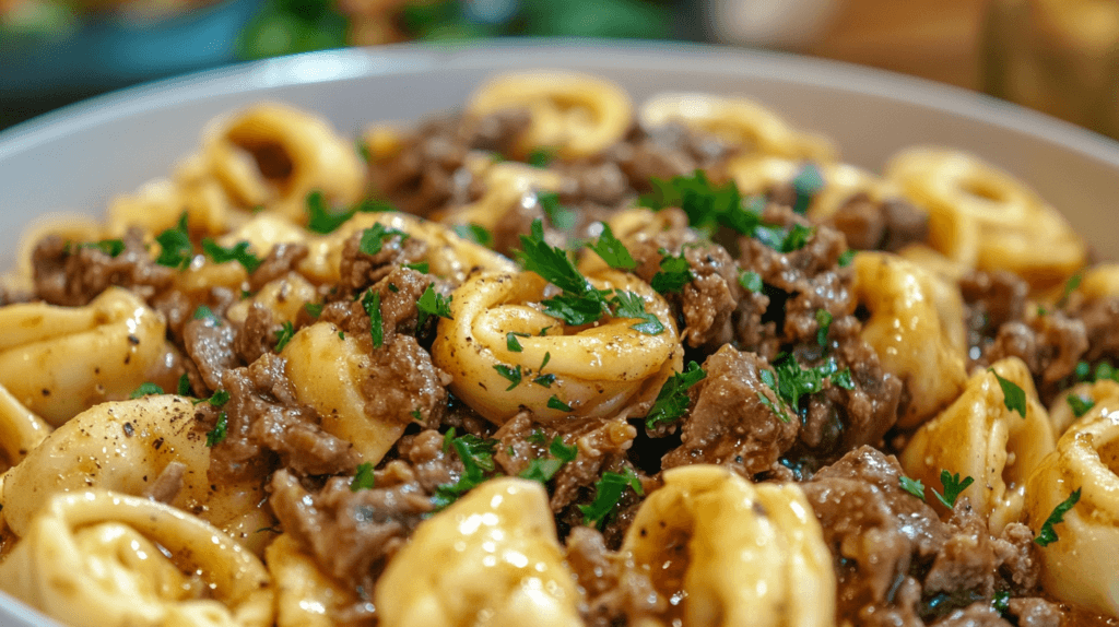 A bowl of creamy Philly cheesesteak tortellini pasta topped with melted cheese and fresh parsley.