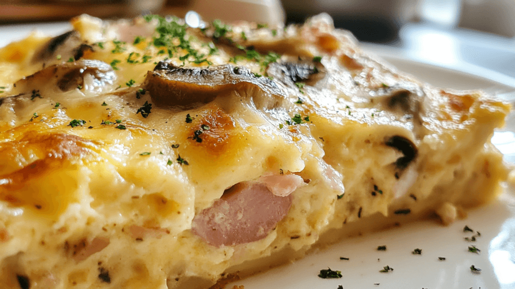A golden-brown ham, mushroom, and three-cheese quiche sliced and ready to serve.