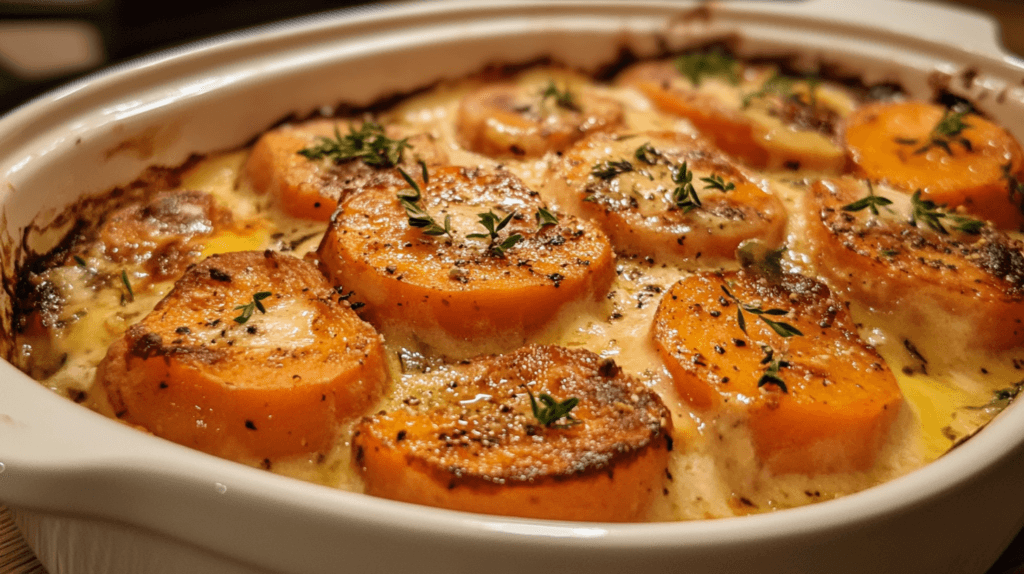 A close-up of sweet potatoes soaking in water, with a focus on their vibrant orange color, ready for baking.