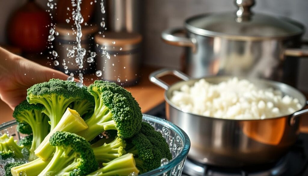 Preparing rice and broccoli for healthy casserole