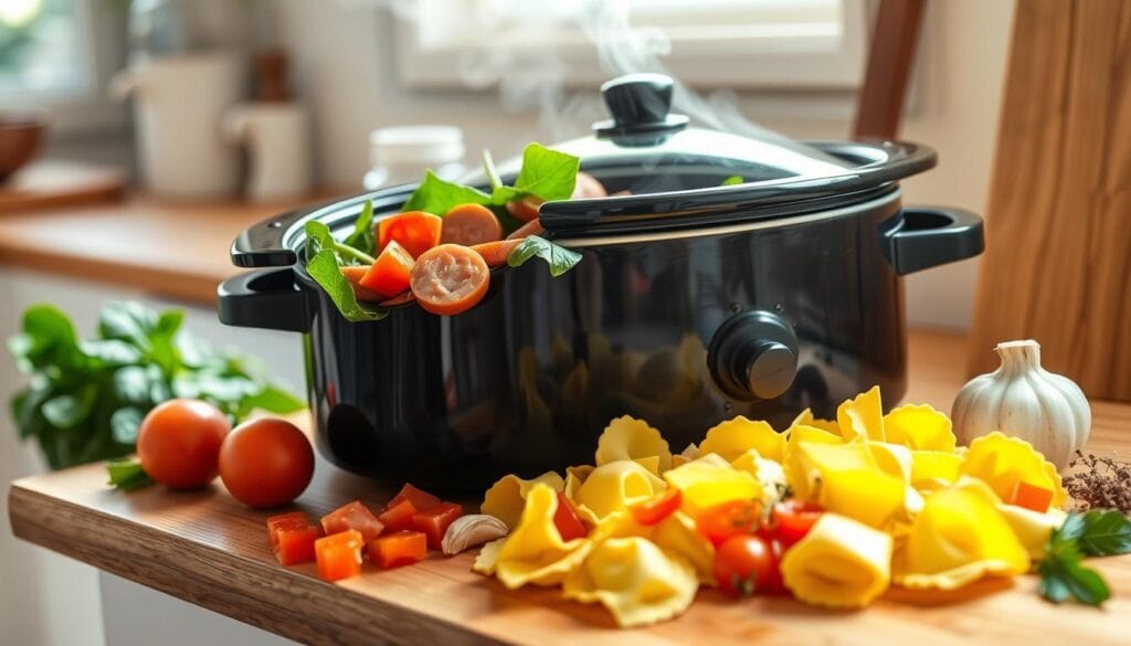 Slow Cooker Sausage Tortellini Soup Preparation